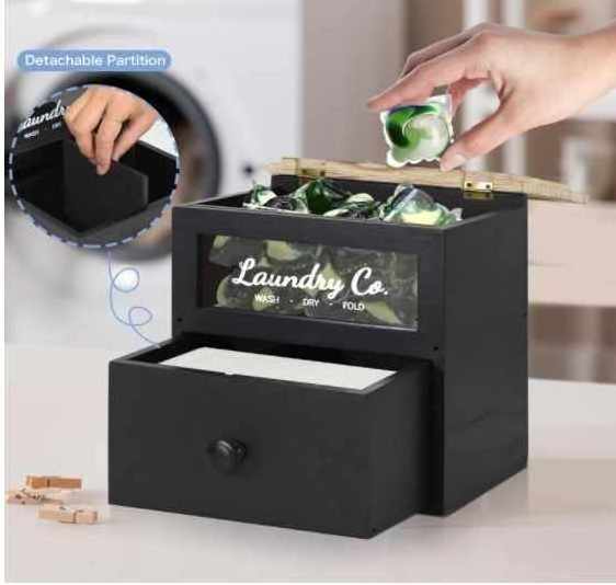 Customized solid wood dryer sheet holder laundry pods container storage box