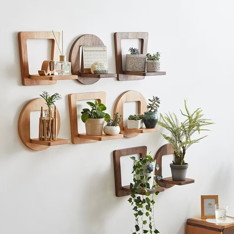 Indoor Plant Stand Wooden Plant Hanger Floating Shelf Wall  Rustic Display Shelf