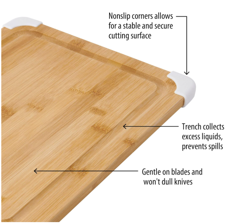 202405 Nonslip Bamboo Cutting Board with Juice Groove, 11x14 Inch, cutting board with white corner protected