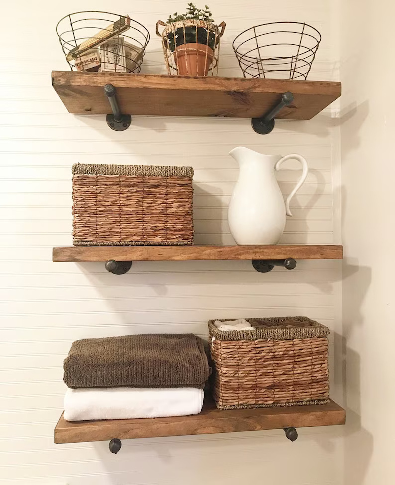 Wood Shelving Farmhouse Kitchen Shelf Two Iron pipe brackets Indoor Hanger Floating Shelf Wall  Rustic Display Shelf