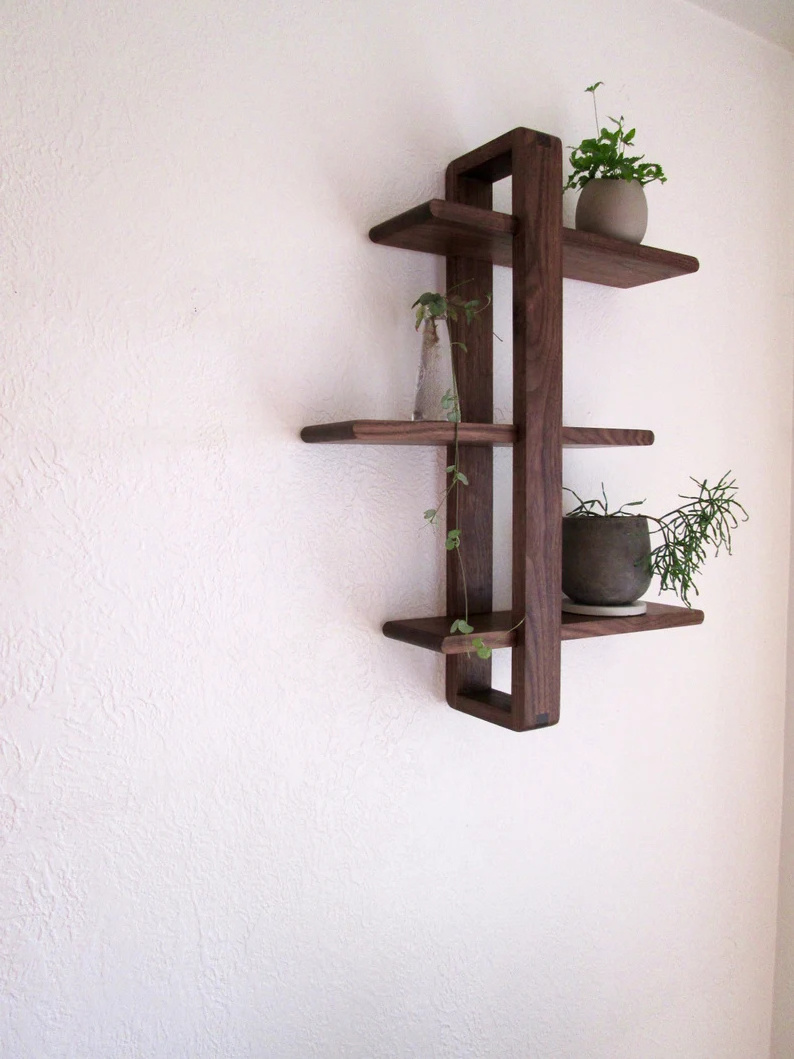 Mid century Modern Adjustable Handmade The Original Walnut Shift Shelf Solid Wood Wall Decor for Hanging Plants Art Books Photos