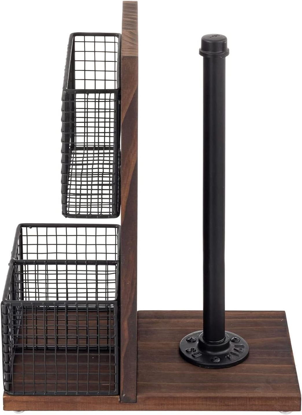 Rustic burned dark brown Solid Wood and Industrial Matte Black Metal Pipe Dining Combo Caddy with Paper Towel Roll Stand