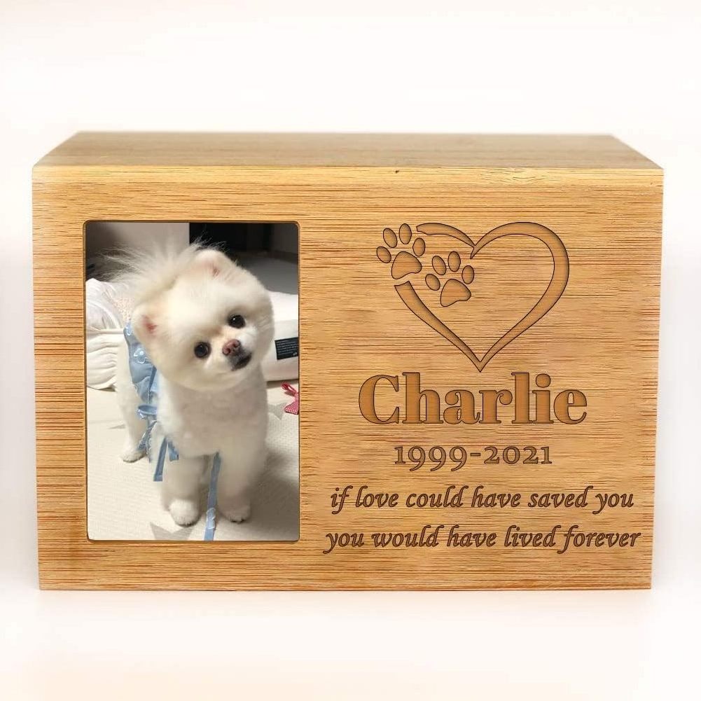 Personalized Cremation Urns for Dogs Ashes, Wooden Pet Memorial Keepsake Urns, Photo Box Pet Cremation Urn