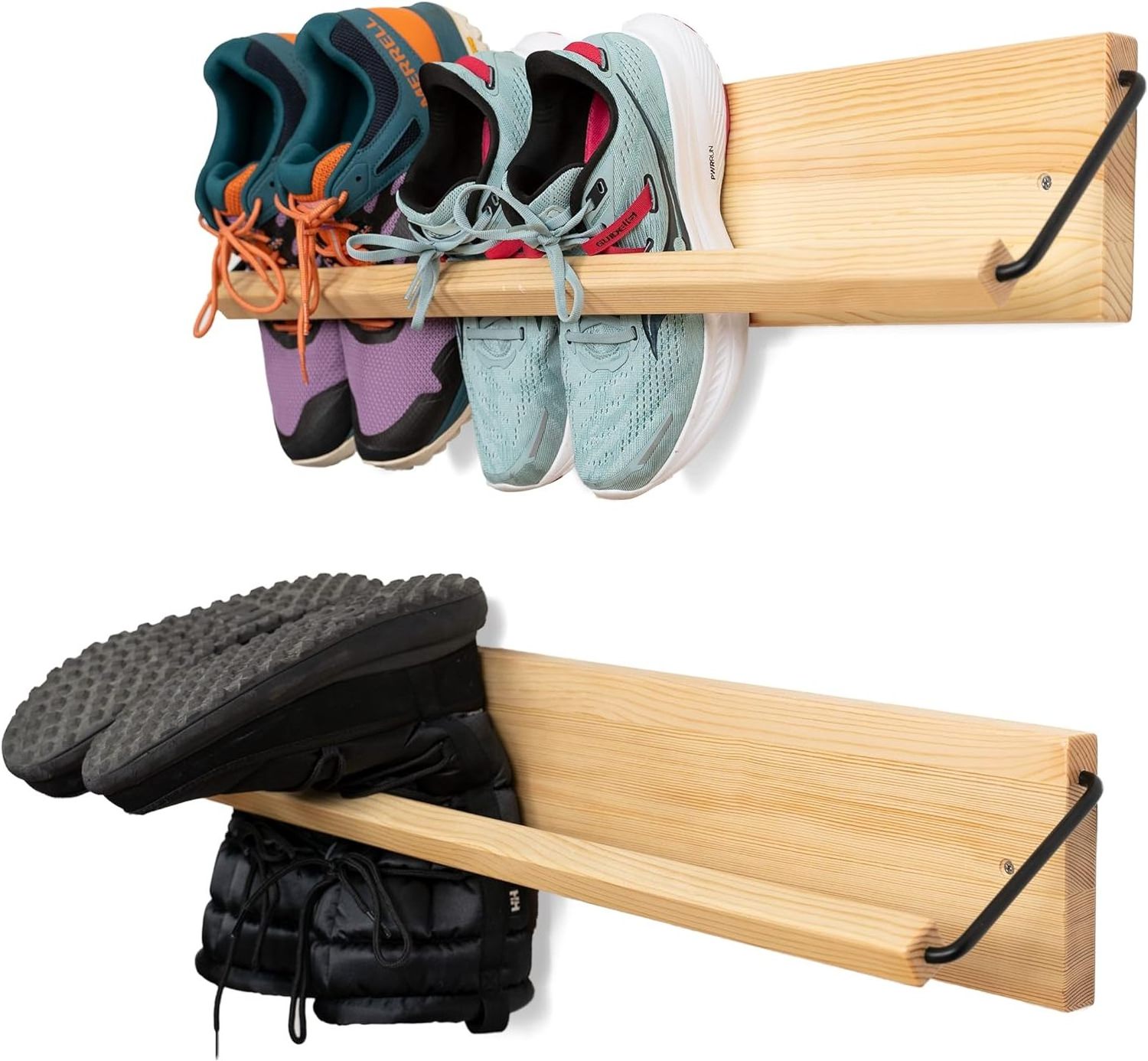 202405 Modern Wall Mounted Shoe Rack A wooden modern slim and small shoe storage solution for shoes and boots in narrow spaces