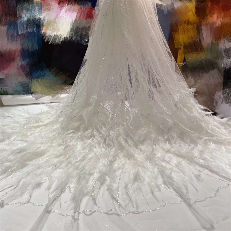 3D Handmade Feather Lace luxury Tulle Sequin Embroidery Lace fabric nigerian dress with sequins for wedding