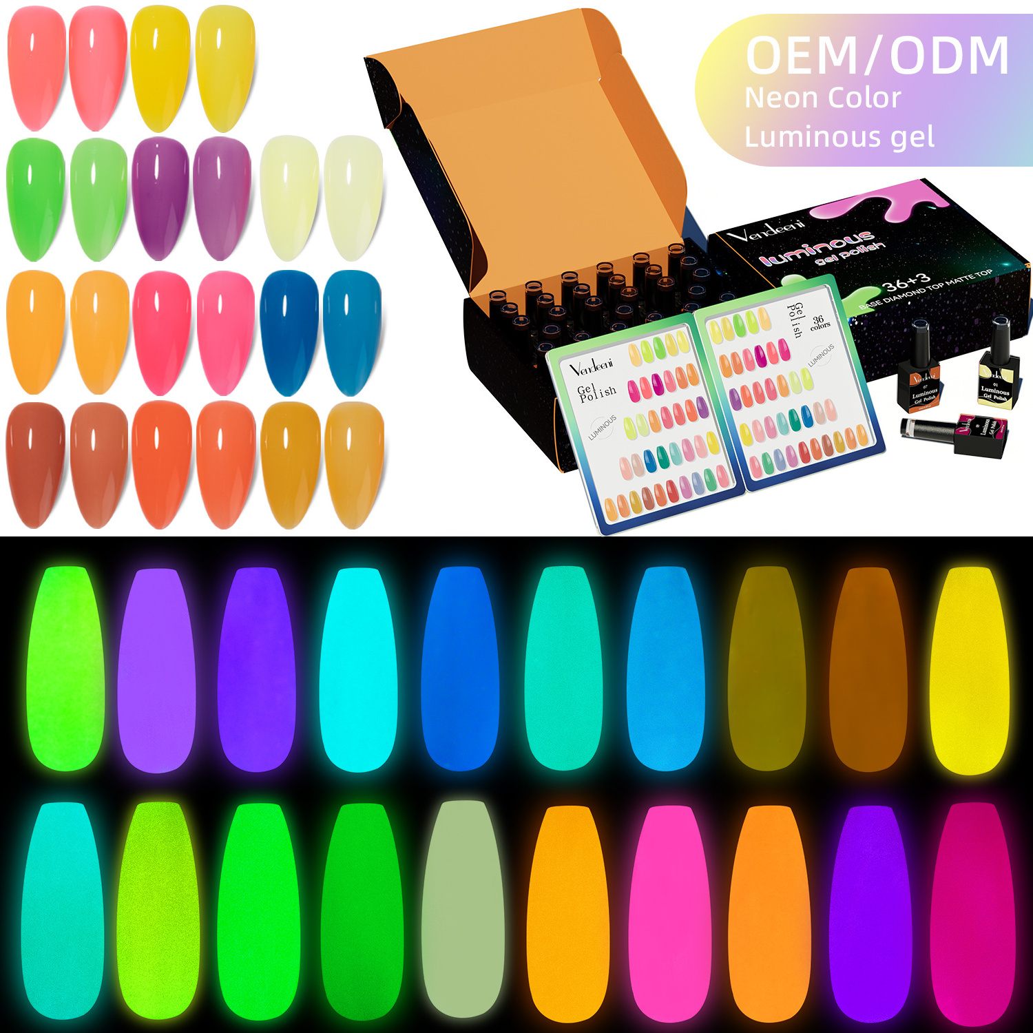 Vendeeni 36 Colors Luminous Gel Polish Customized OEM ODM Glow In The Dark Gel  Private Label Resin UV Gel Nail Glue