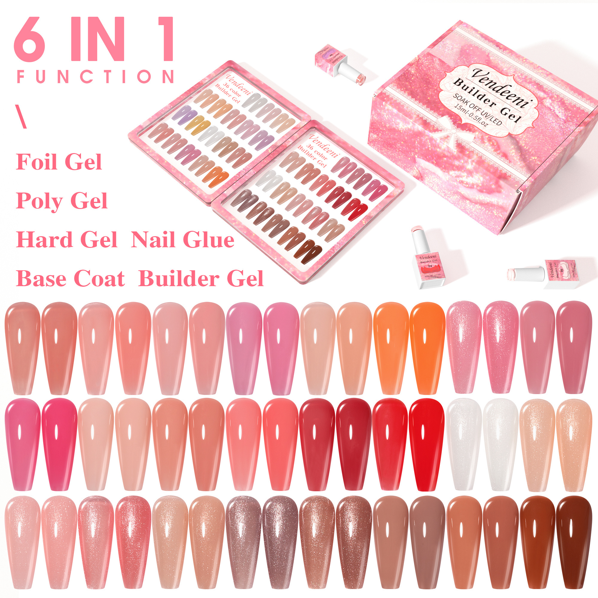 Vendeeni 36 Colors 6 In 1 Gel Customized Bottle Stickers Package OEM ODM Private Label UV Gel Set Resin UV Gel Nail Glue