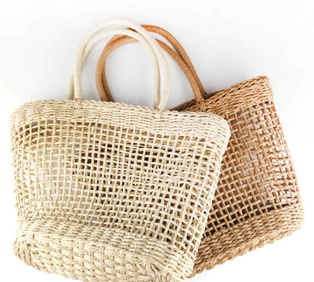 2023 factory hot sale European raffia beach tote bag, seaside beach mesh bag straw basket custom