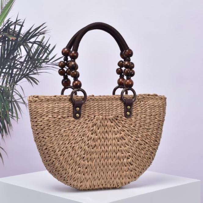 2024 factory wholesale luxury seaside straw beach handbag bamboo balls handle, new fashion design woman handbag bag holiday