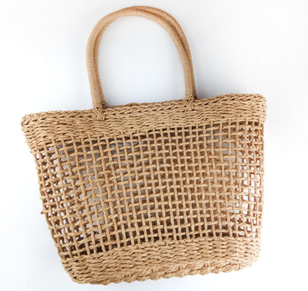 2023 factory hot sale European raffia beach tote bag, seaside beach mesh bag straw basket custom