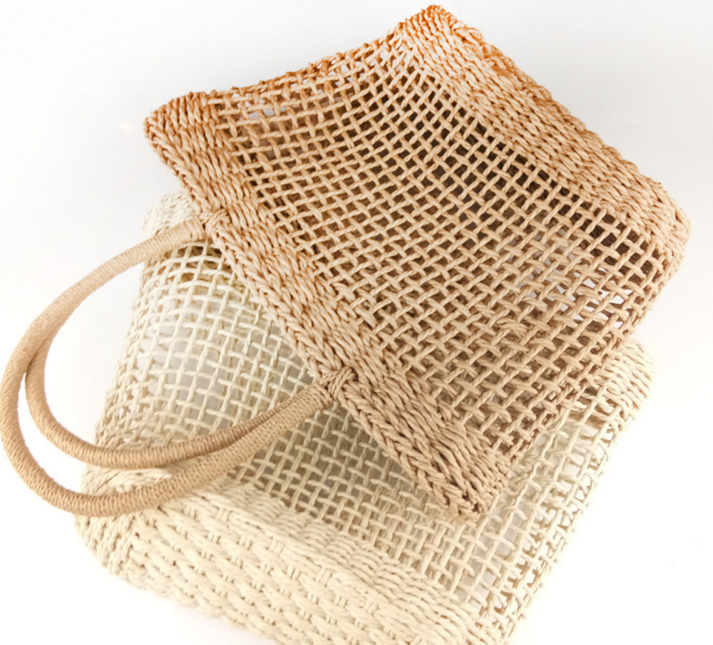 2023 factory hot sale European raffia beach tote bag, seaside beach mesh bag straw basket custom