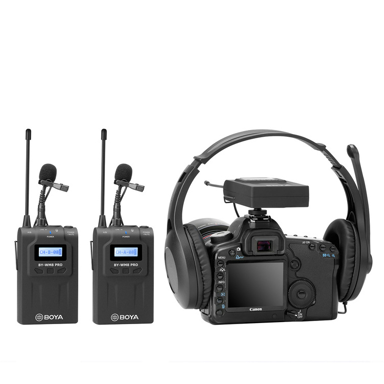 BOYA BY-WM8 Pro-K1 UHF Dual-Channel Lavalier Wireless Microphone with LCD Screen on DSLR Camera for Interview/Video/Recording