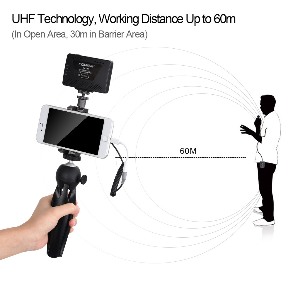 Interview handheld Microphone Comica CVMWS50(C) 6 Channels Wireless Lapel Mic for Video/News with tripod table and lcd screen