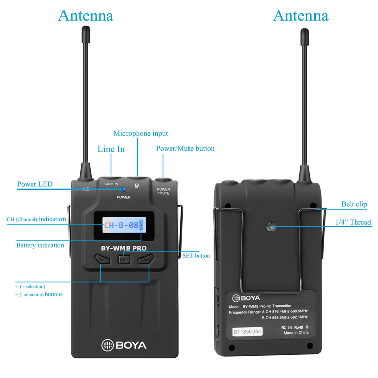 BOYA BY-WM8 Pro-K1 UHF Dual-Channel Lavalier Wireless Microphone with LCD Screen on DSLR Camera for Interview/Video/Recording