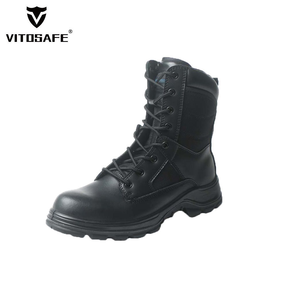 High-cut Comfortable Black Leather Tactical Boots with Zipper Combat Safety Shoes for Men