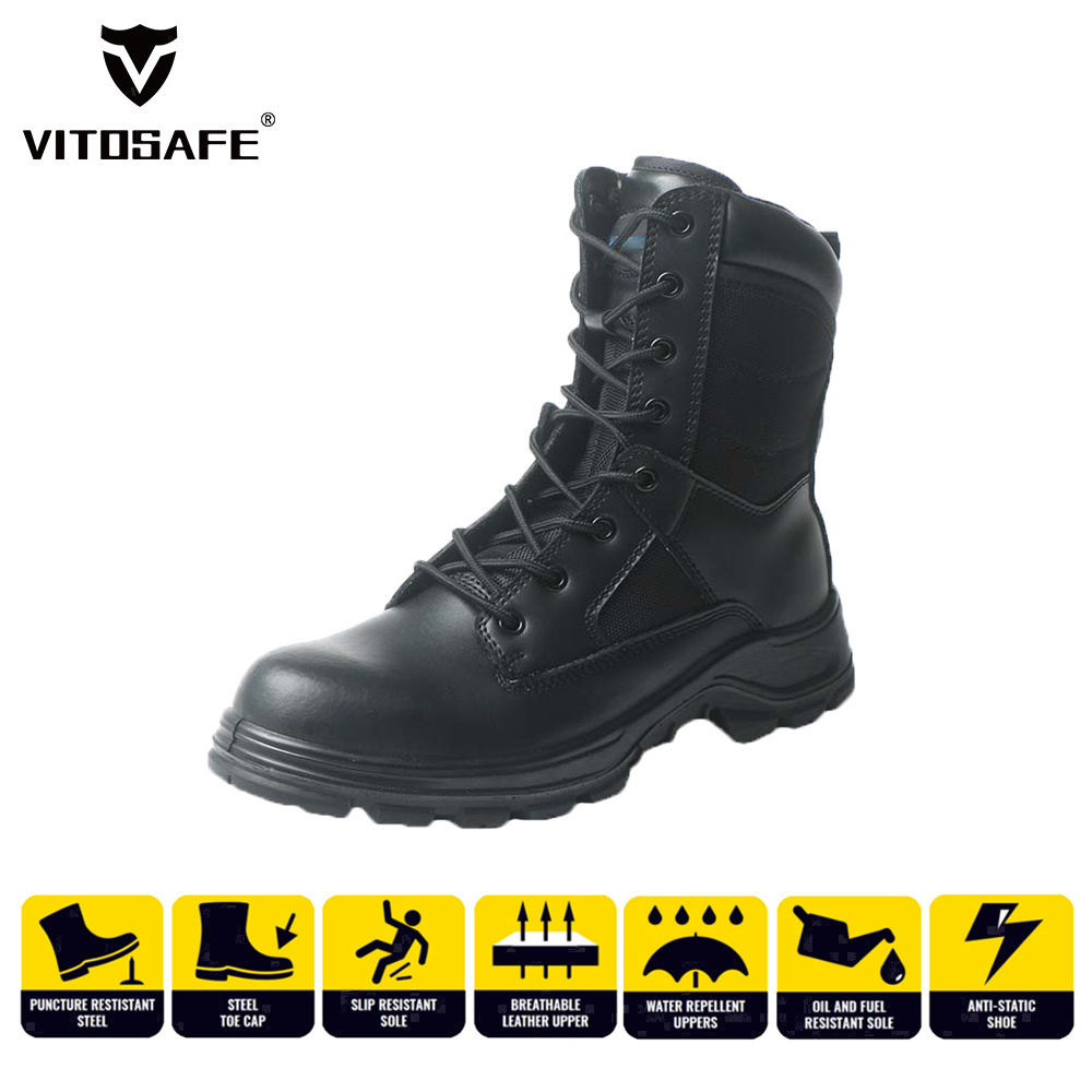 High-cut Comfortable Black Leather Tactical Boots with Zipper Combat Safety Shoes for Men