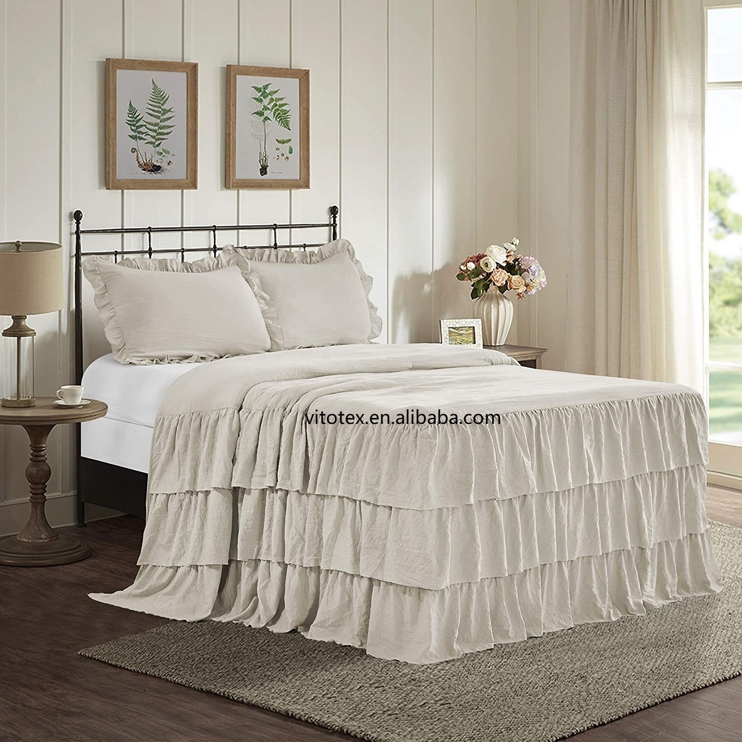 3 Piece Ruffle Skirt Bedspread Set King-Gray Color 30 inches Drop Ruffled Style Bed Skirt Coverlets Bedspreads Dust Ruffles