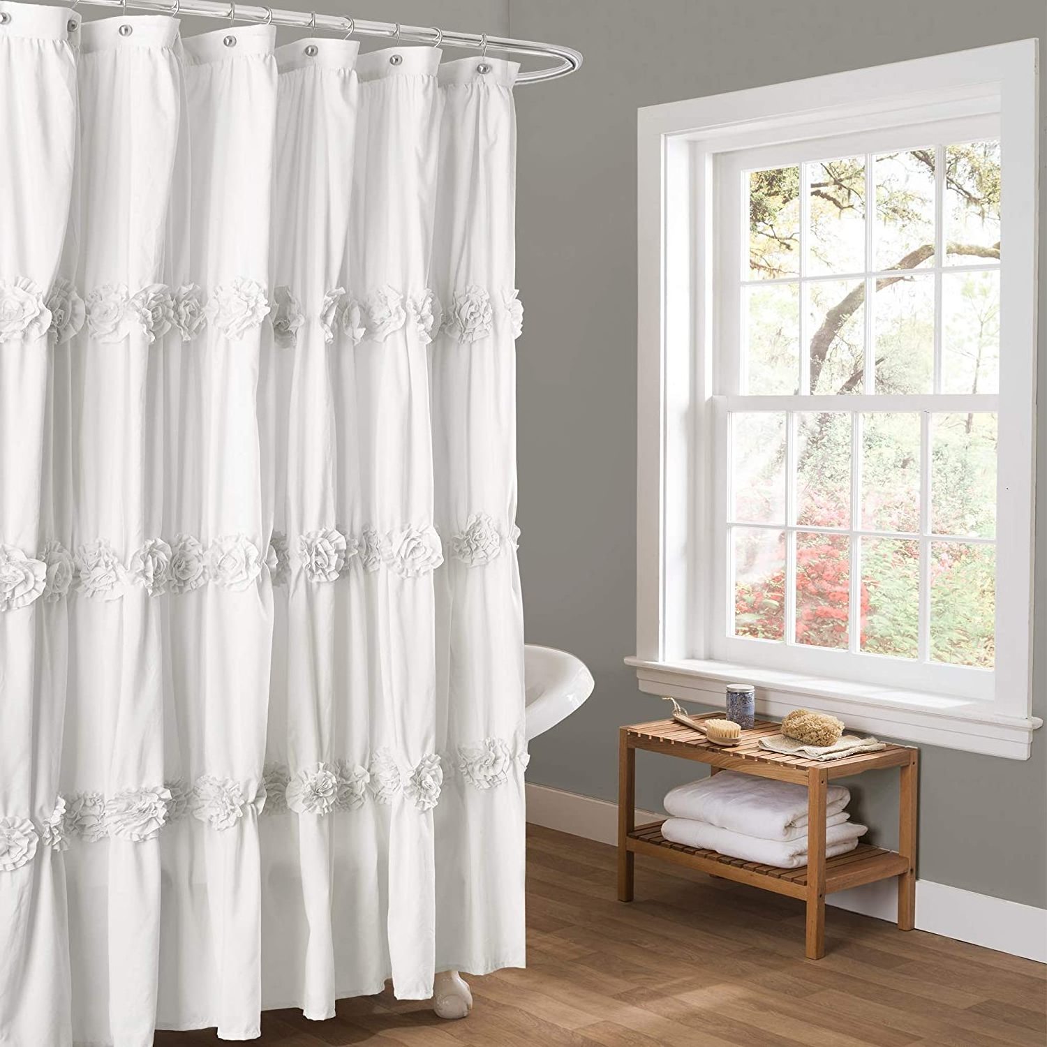 White Ruffle Diamond Shower Curtain