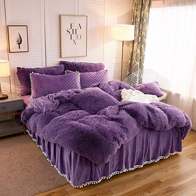 Purple  color Long Plush Shaggy Duvet Cover Set Luxury Ultra Soft Crystal Velvet Bedding Sets