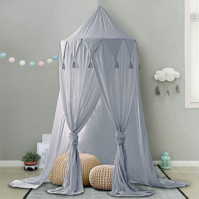 Bed Canopy Lace Mosquito Net Unique Pendant Play Tent Bedding for Kids Playing Reading with Children Round Dome Netting Grey