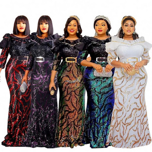 African Dresses for Women 2023 Lady Elegant Glittering Evening Dress Sequin Sexy Party Gowns with Belt Luxury Clothes Plus Size