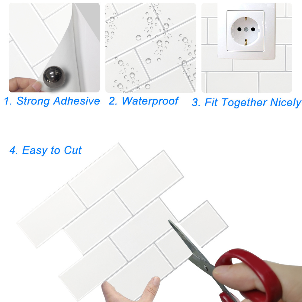 2.5mm Peel and Stick Backsplash Wall Tile  White Subway Sticker Tile DIY Waterproof