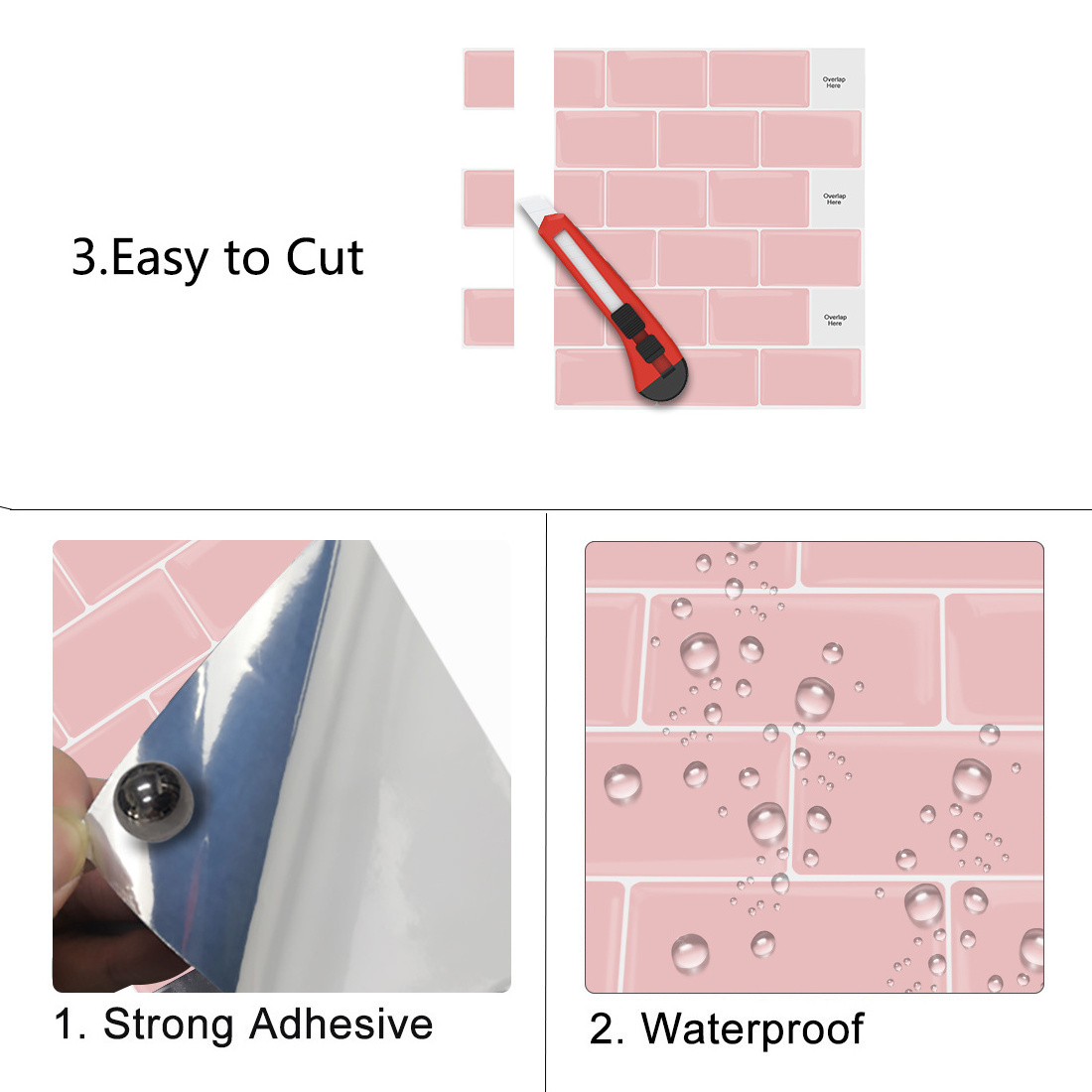 Cheap goods from china adhesive vinyl 3D pink peel and stick mosaic vinyl backsplash sticker tiles