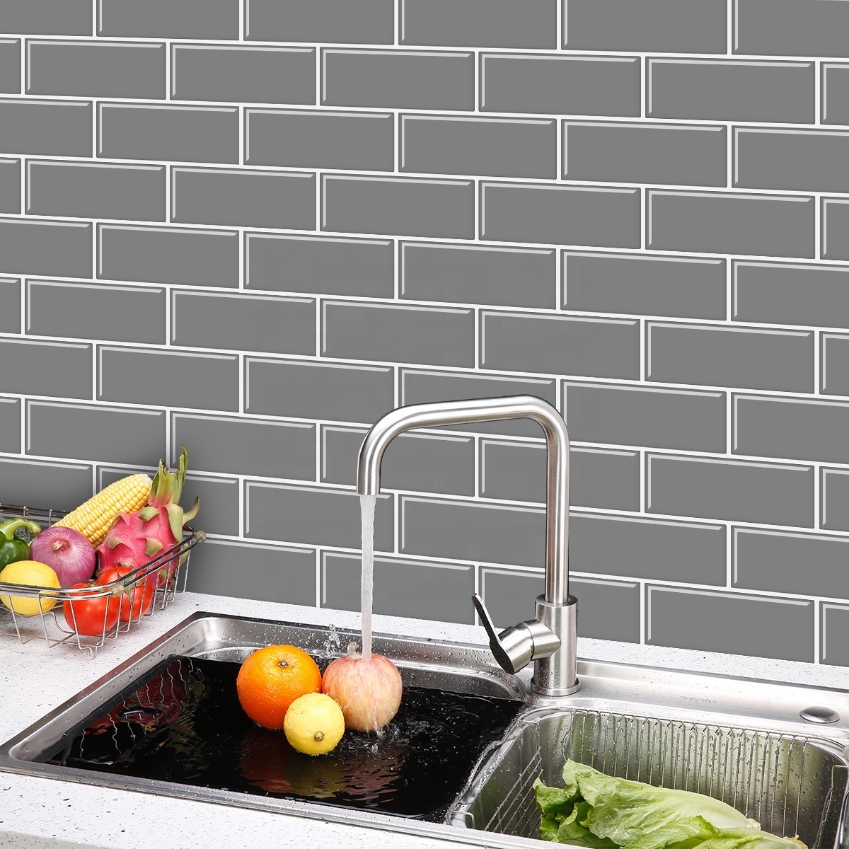 Peel and stick dark grey brick self adhesive 3d   mosaic kitchen thicker upgrade wall tile waterproof and removable