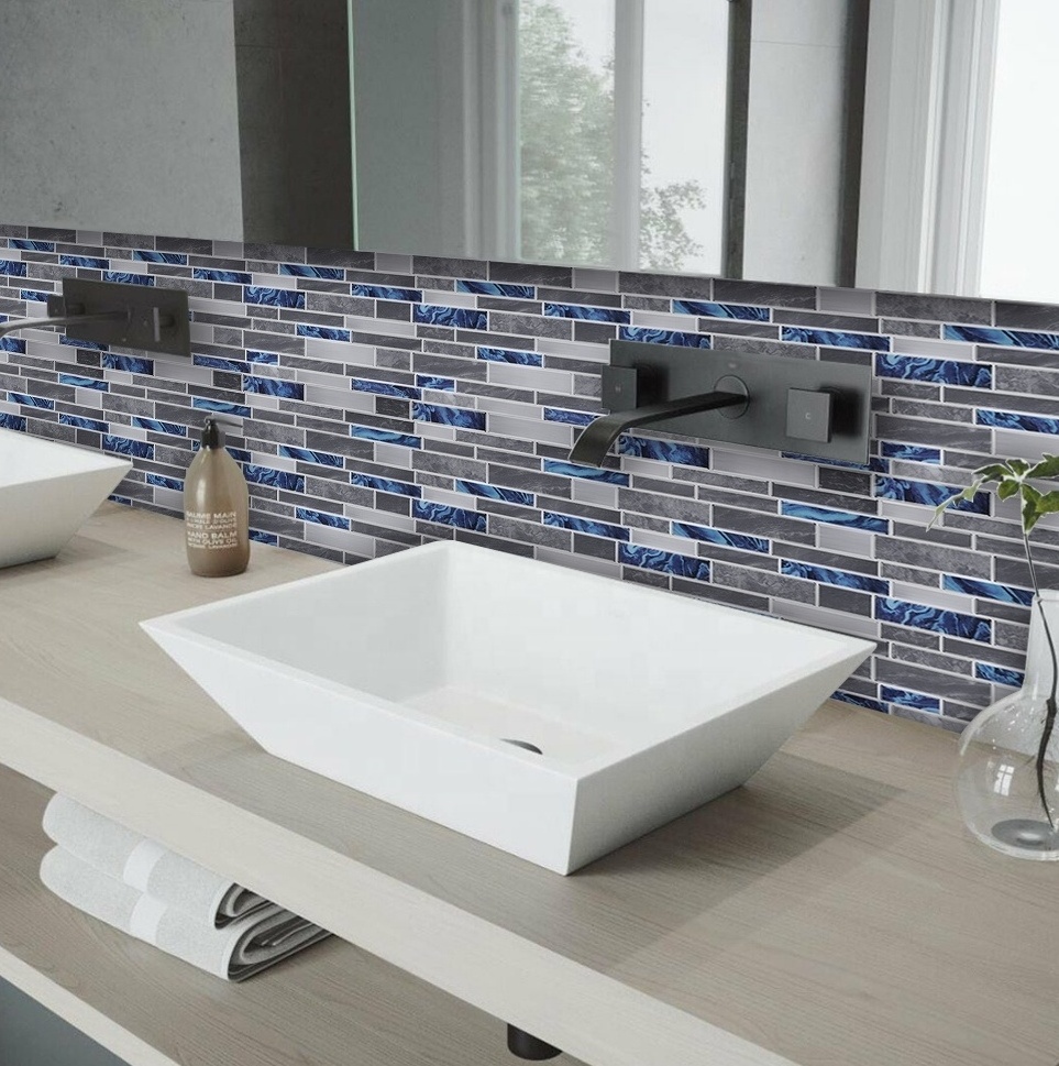 Long Strip Style Self Adhesive Mosaic Grey And Blue Marble  Strip  wall tiles  home decor for kitchen Bathroom Backsplash