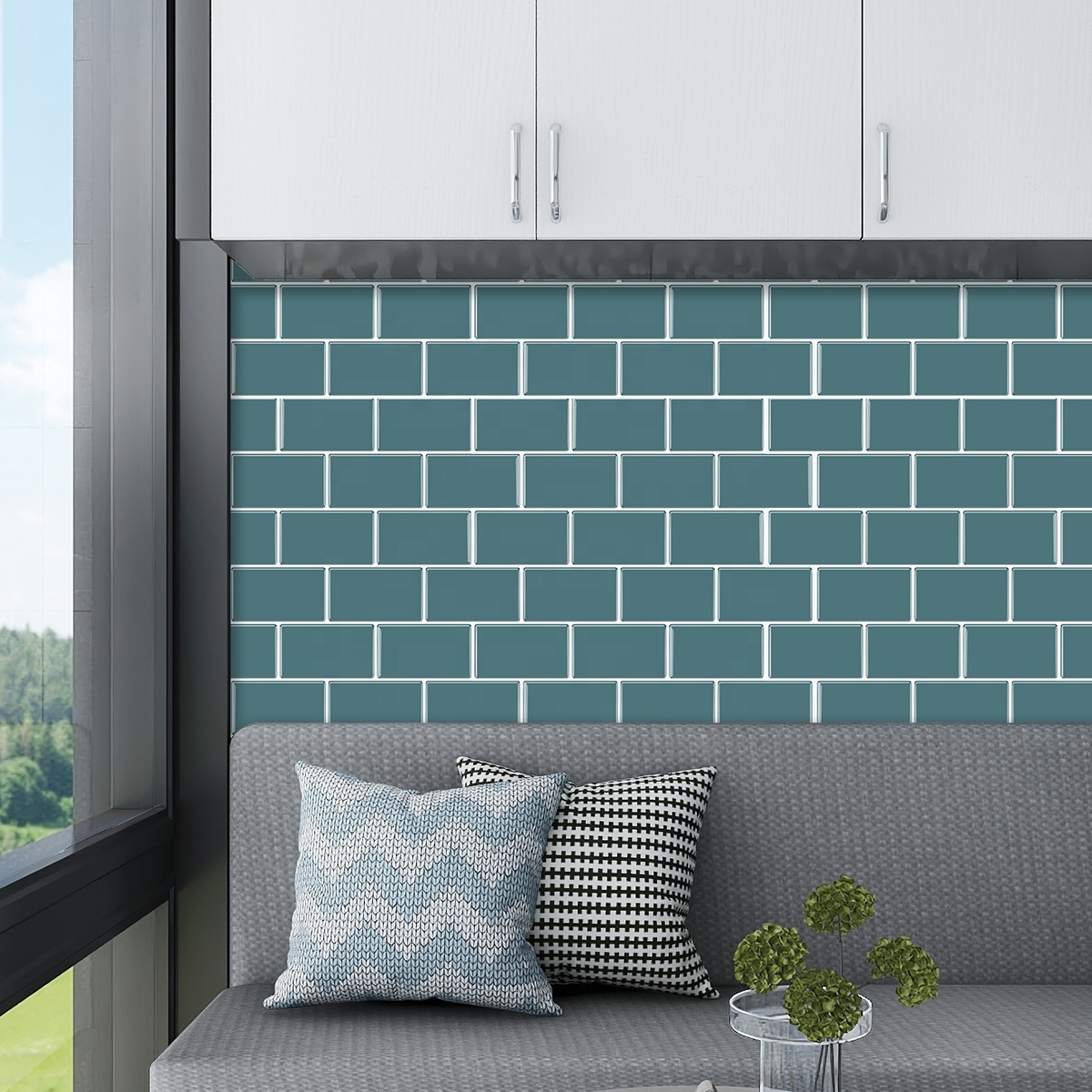 12*12 Inch Peel And Stick Green And Blue Subway  Vinyl Wall Tiles Waterproof For Kitchen Bathroom Living Room