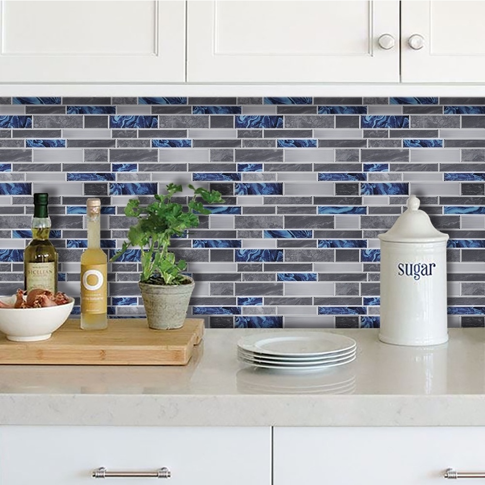 Long Strip Style Self Adhesive Mosaic Grey And Blue Marble  Strip  wall tiles  home decor for kitchen Bathroom Backsplash