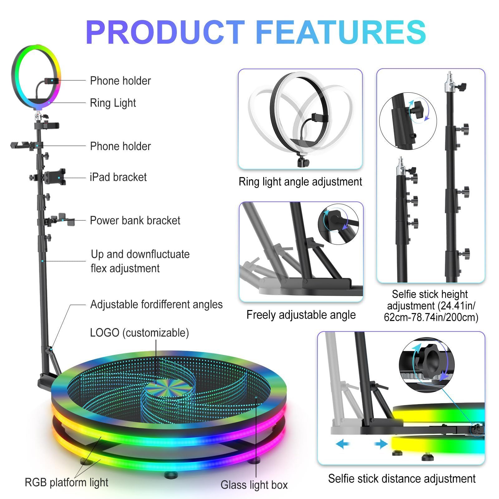 Amazon Dropship Logo Wedding Platform Camera Rotating Machine Portable 360 Video Booth, 360 Photobooth Glass Photo Booth 360