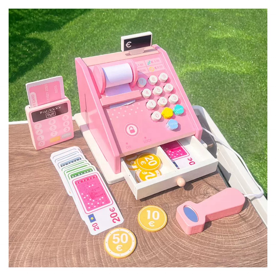 Wholesale Simulation Pretend Play Cash Calculator Toys Supermarket Wooden Toy Cash Registers For Kids