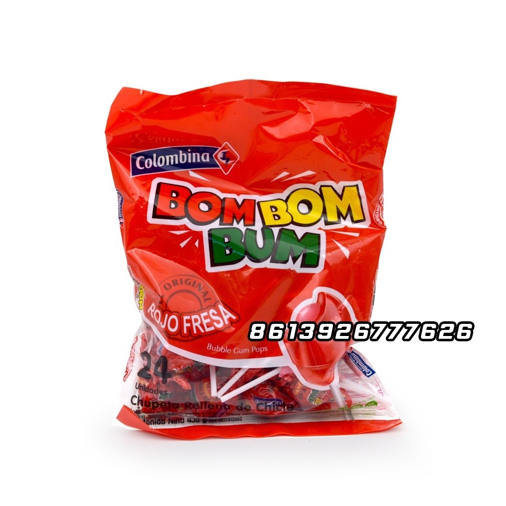 Halal original strawberry flavors bom bom gum with lollipop stick candy