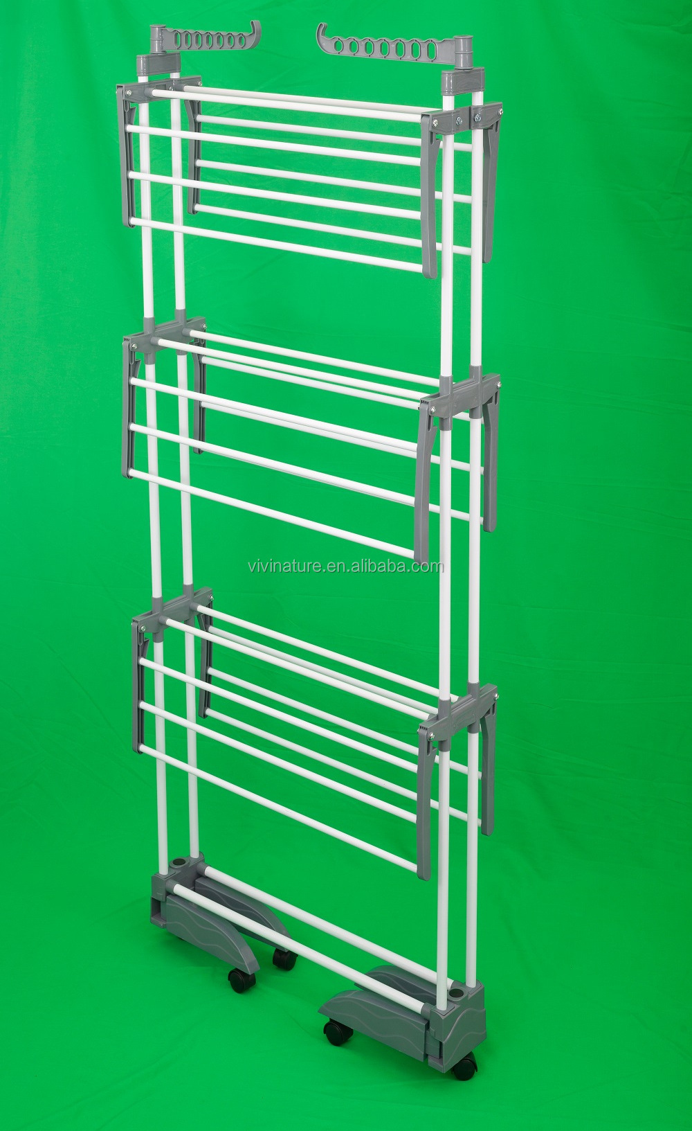 Collapsible Foldable Rolling 3-tier Clothes Laundry Drying Rack with Steel Hanging Rods