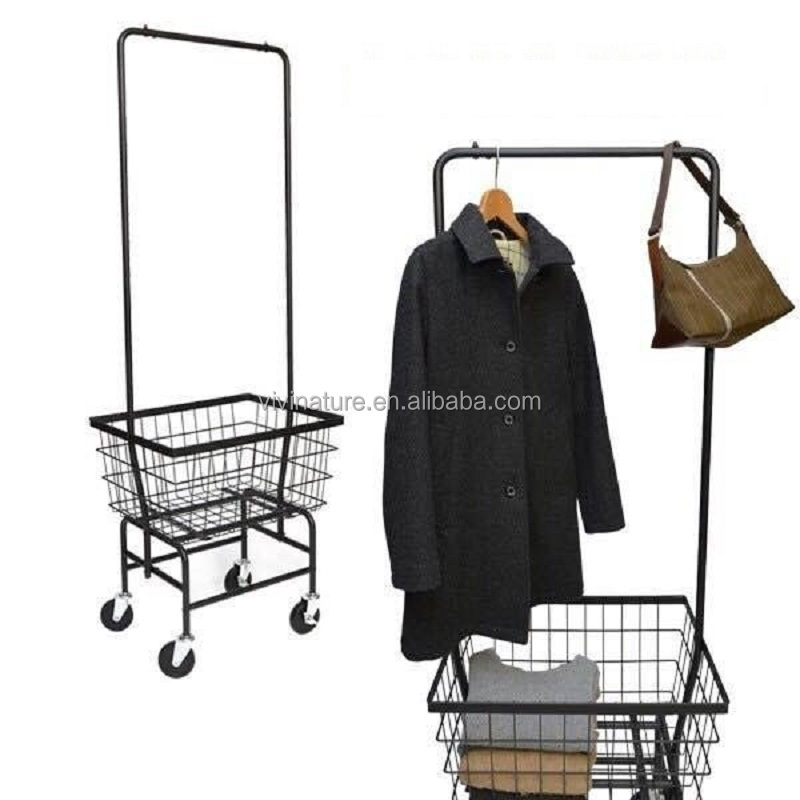 Rolling Laundry Hamper Basket Cart with Wire Storage Rack and Hanging Rack