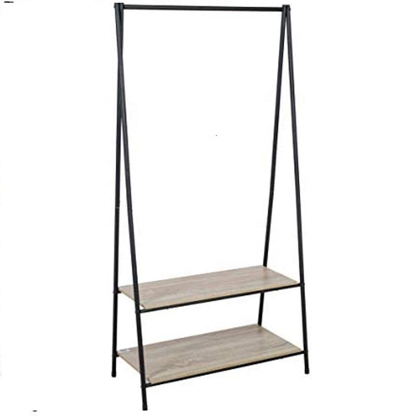 Metal coat clothes rackwith rails with bottom wood storage shelf for coats, skirts sweaters