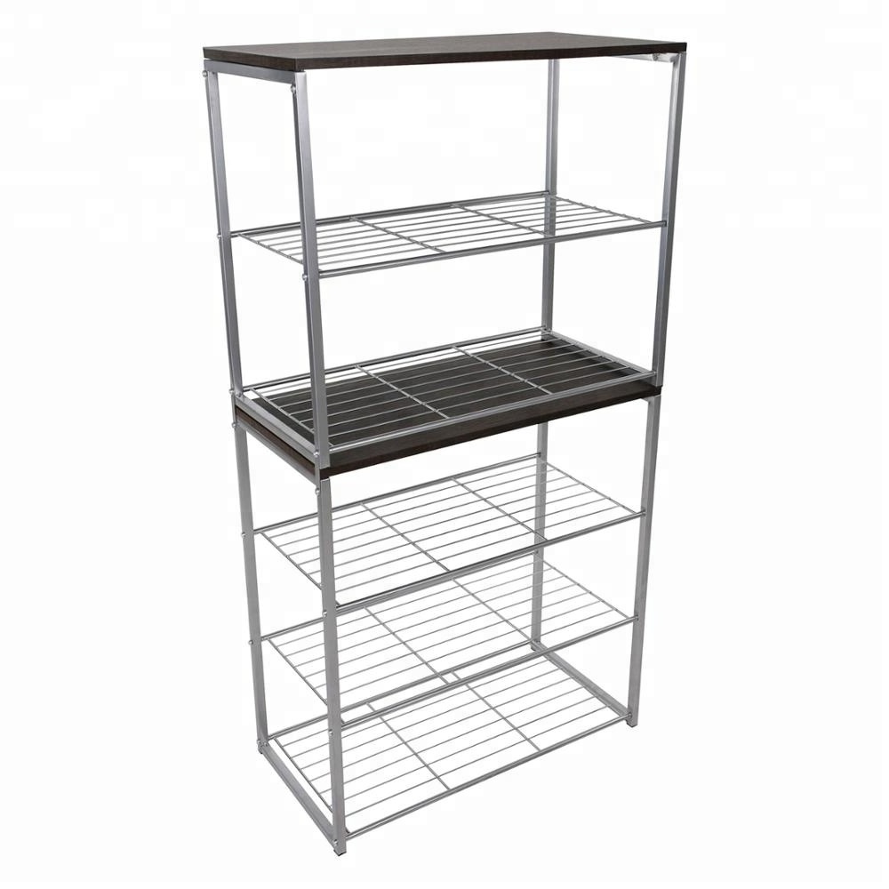 Home Stackable 4 Tier Silver Shoe Rack with MDF board storage organizer