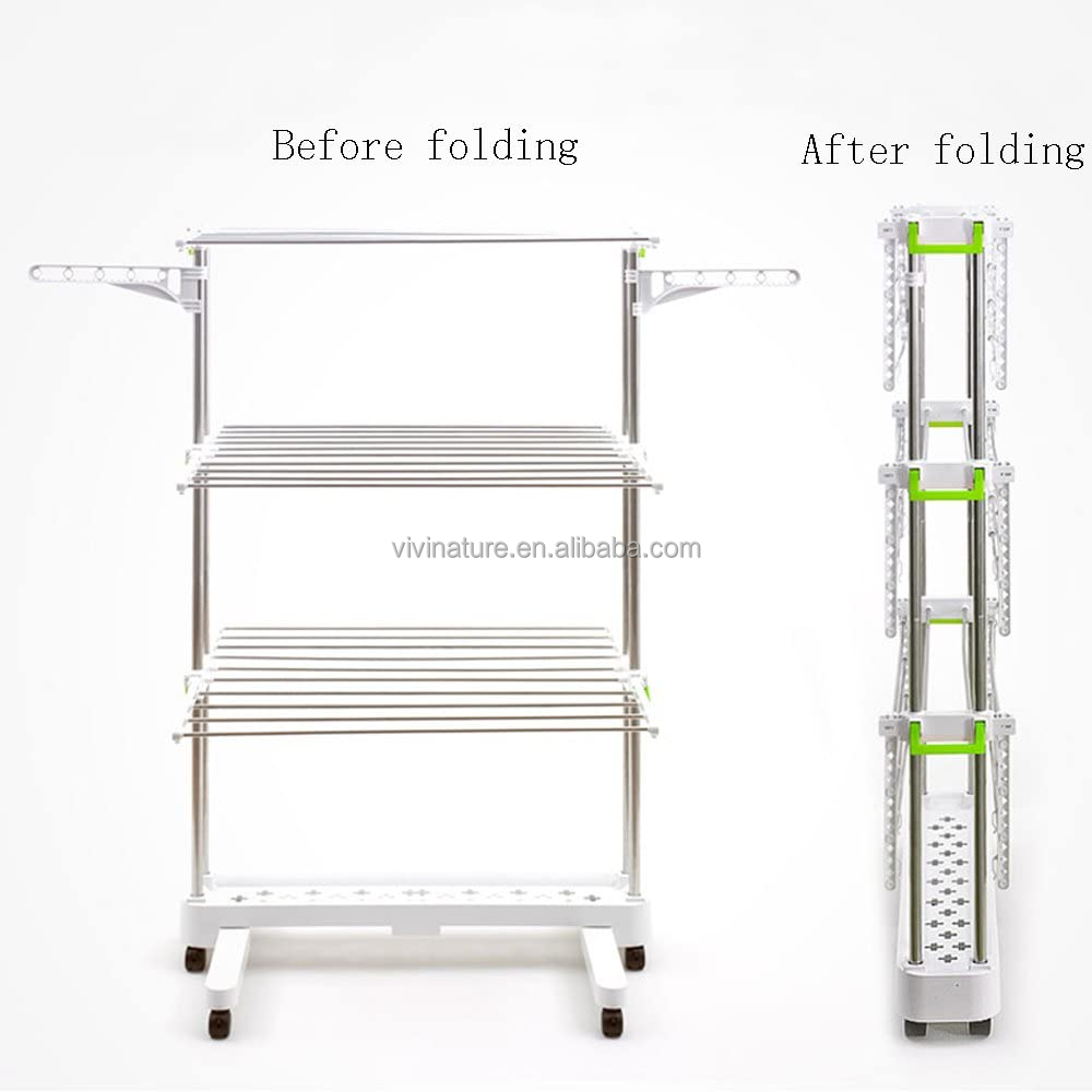 3 tier folding Clothes Drying Rack With 8pcs Casters Stainless Steel hangers rack shelf