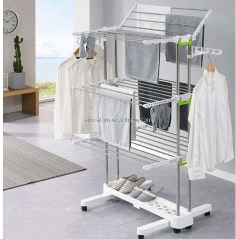 3 tier folding Clothes Drying Rack With 8pcs Casters Stainless Steel hangers rack shelf