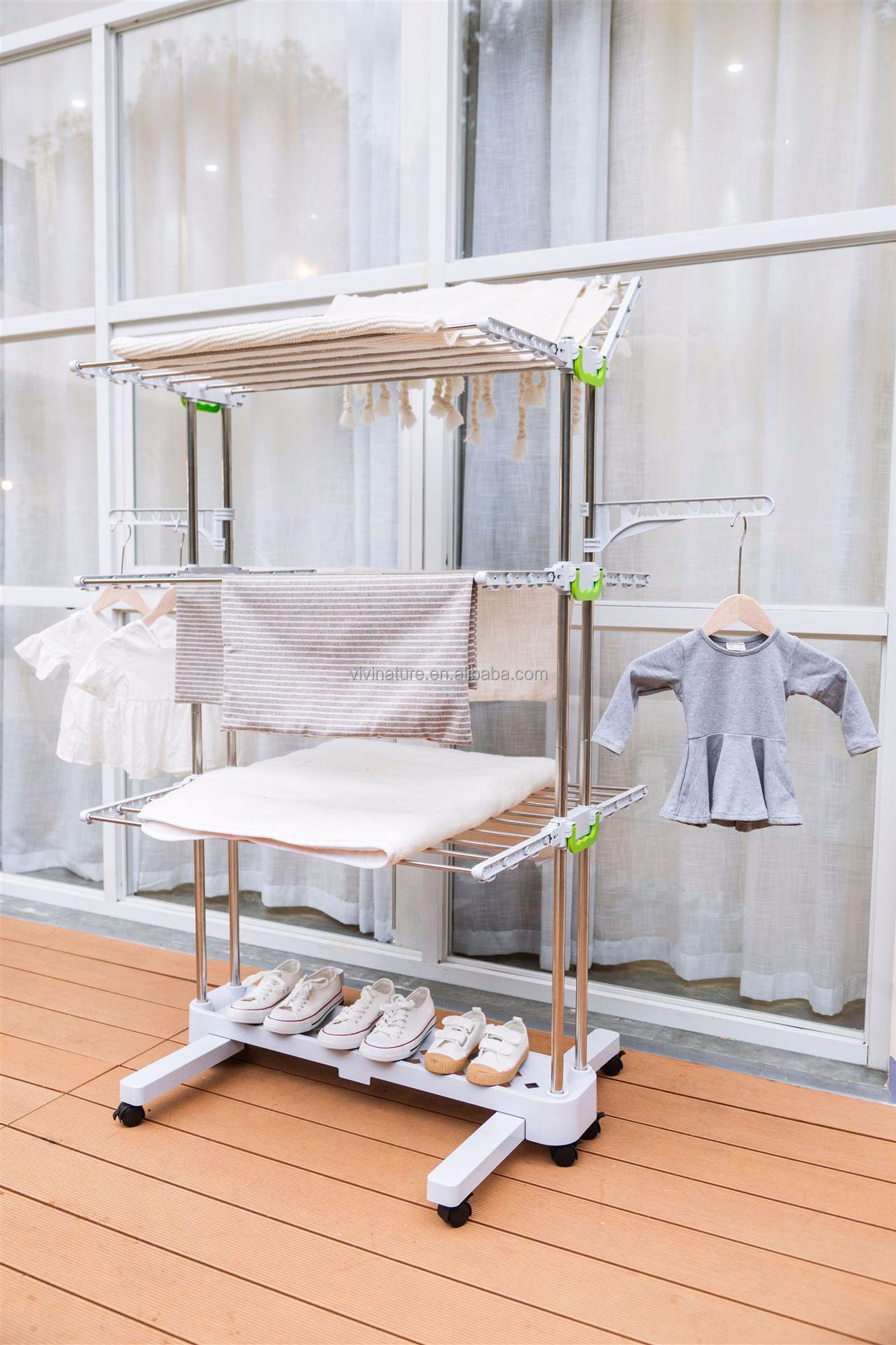 3 tier folding Clothes Drying Rack With 8pcs Casters Stainless Steel hangers rack shelf