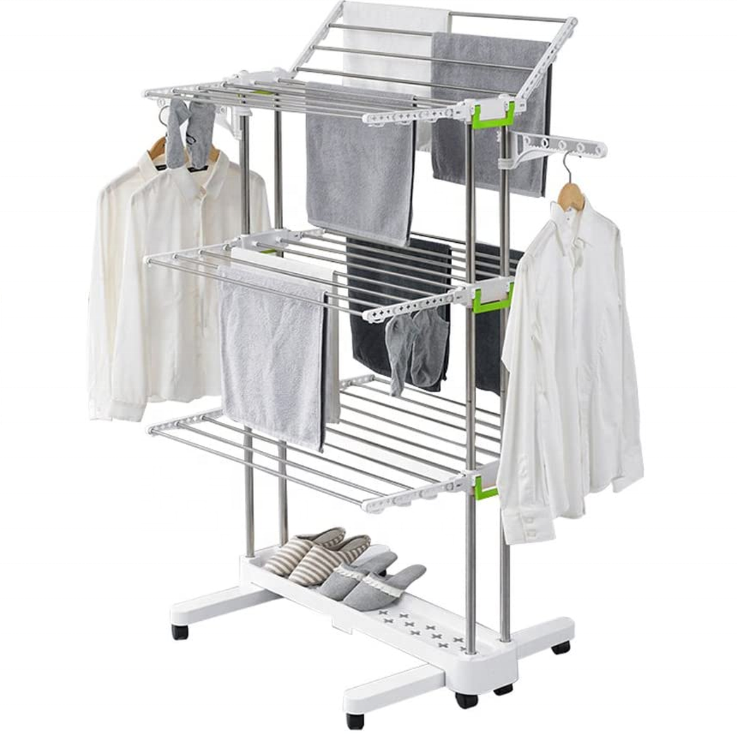 3 tier folding Clothes Drying Rack With 8pcs Casters Stainless Steel hangers rack shelf