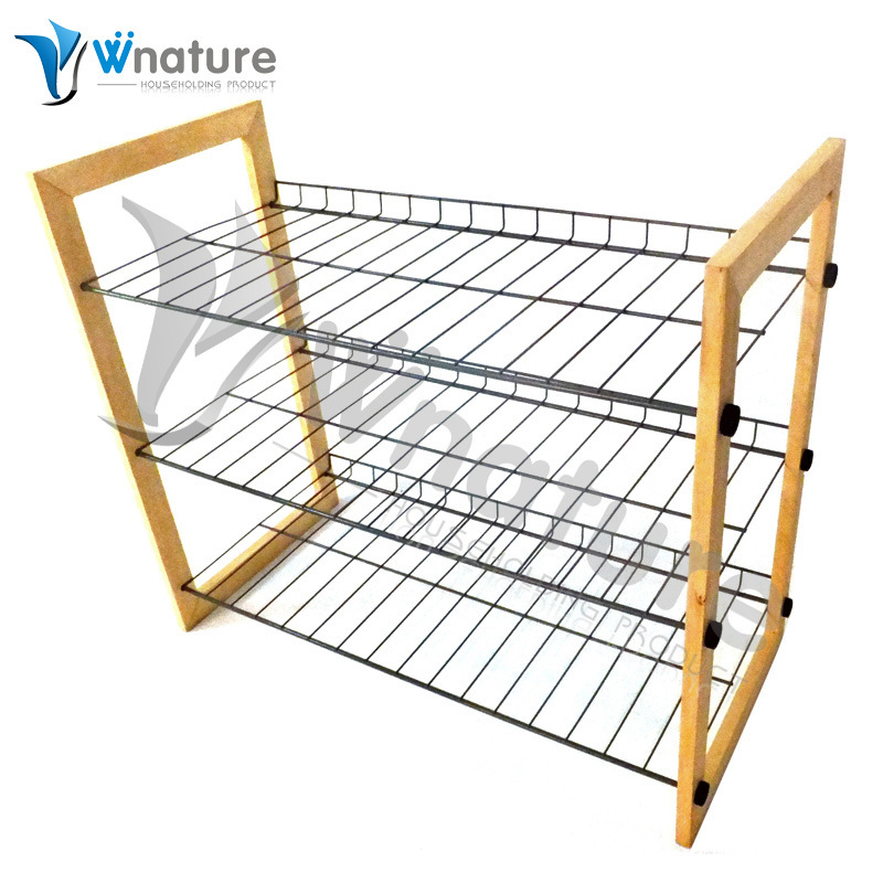 Vivinature 12-pair shoe rack black steel wire with wood frame