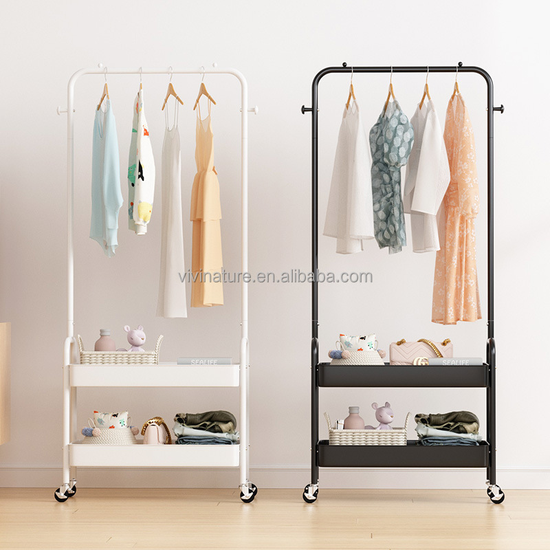 Two tier Metal cloth hanging rack with metal basket  Rolling Storage Cart Clothes Organizer Coat Rack Storage Stand on Wheels,