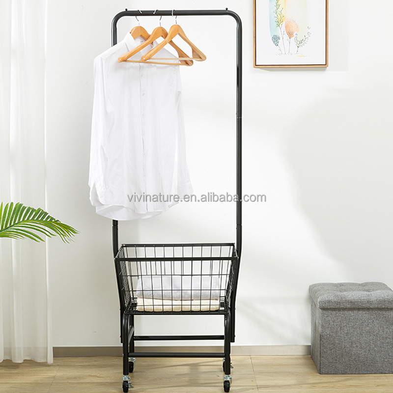 Rolling Laundry Hamper Basket Cart with Wire Storage Rack and Hanging Rack