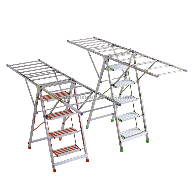 Foldable cloth rack  and 4 steps ladder with wing clothes hanger rack