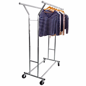 Heavy Duty Commercial Grade Simple Double Rail Clothes Garment Rack and Clothing Rolling Rack on Wheels