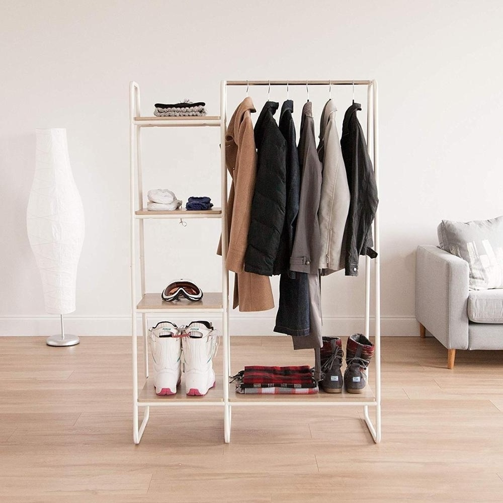 Metal Garment Rack with Wood Shelves storage cloth hanging rack, White color