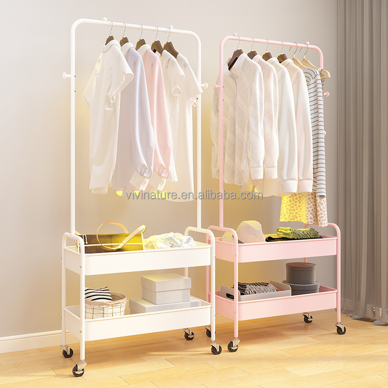 Two tier Metal cloth hanging rack with metal basket  Rolling Storage Cart Clothes Organizer Coat Rack Storage Stand on Wheels,