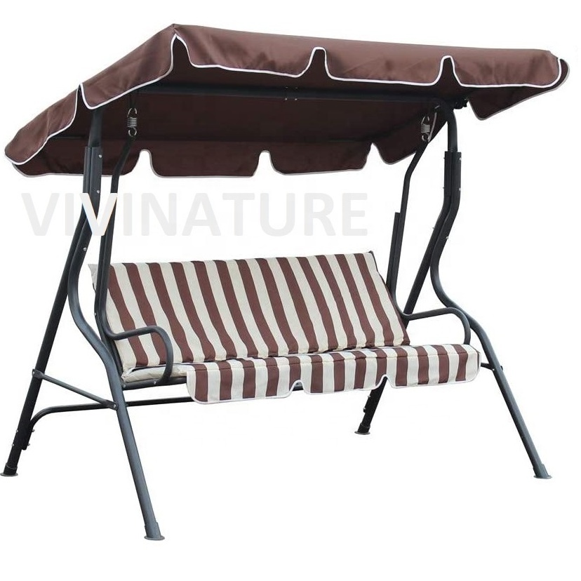 Outdoor 3 Seat Striped Patio Swing with Canopy In Dark Blue and White